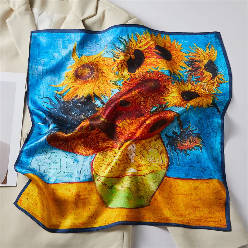 Women Neck Scarf 100% Natural Silk Bandana Kerchief Van Gogh's Oil Painting Sunflower Printed Hairband Femme Square Hair Scarves