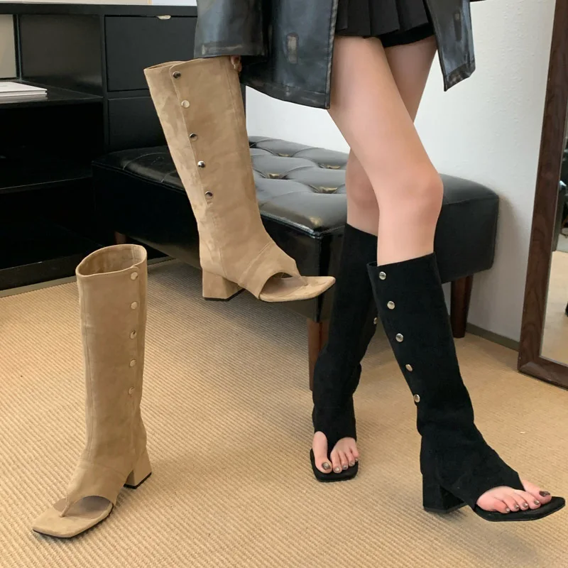 

Женские высокие сапоги на высоком каблуке, уличные классные ботинки на толстом каблуке, модные и дышащие однотонные женские ботинки, удобные