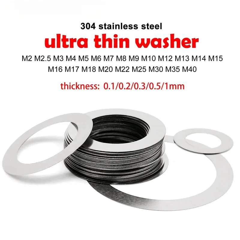 0.1/0.2/0.3/0.5/1mm M2 M2.5 M3 M4 M5 M6 to M40 304 Stainless Steel Ultra Thin Flat Washer Adjust Gasket Precision Shim