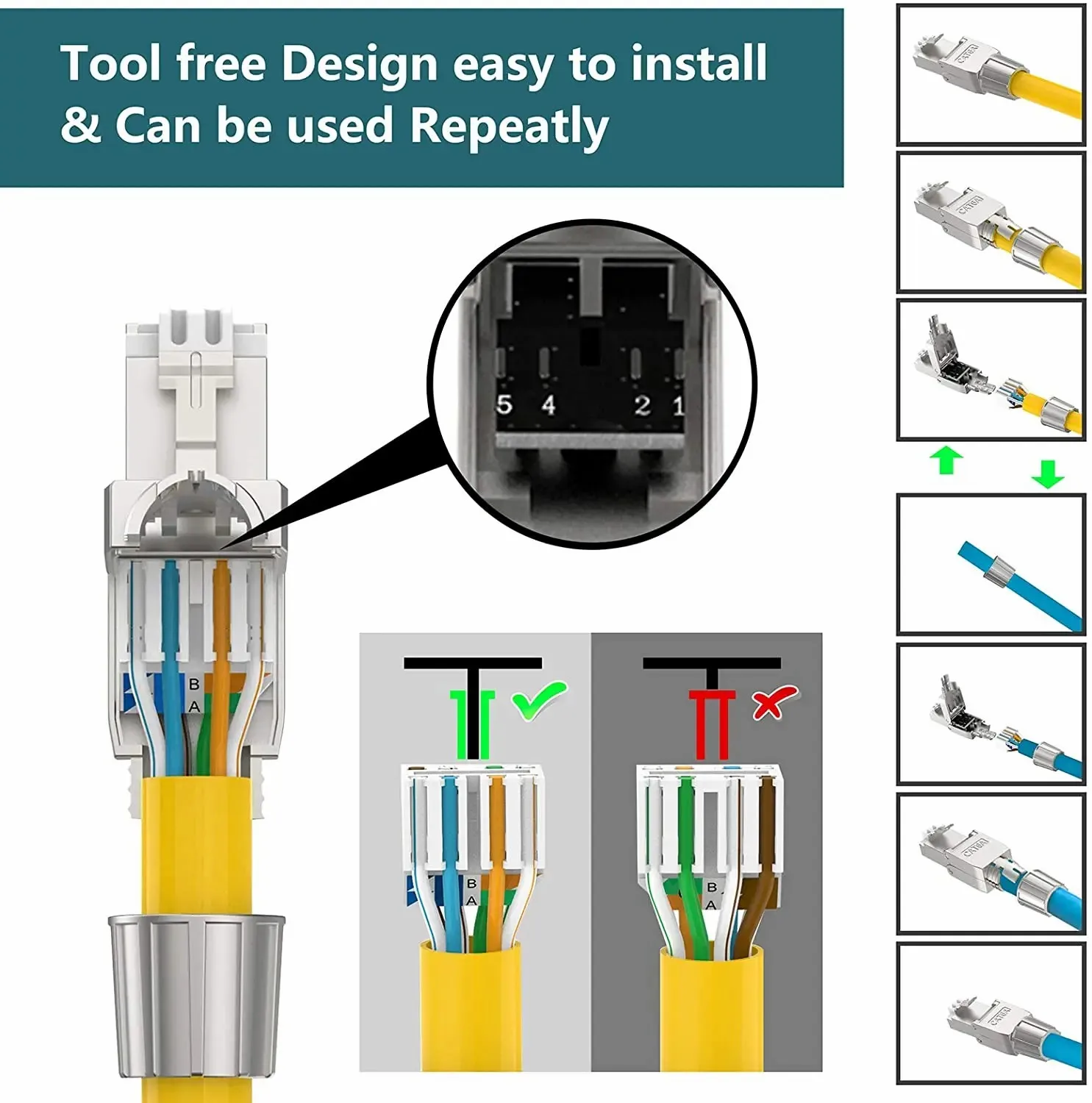 ZoeRax RJ45 Cat8 Cat7 Cat6A Connectors Tool-Free Reusable Ethernet Termination Plugs, Internet Plug, Fast Field Installation