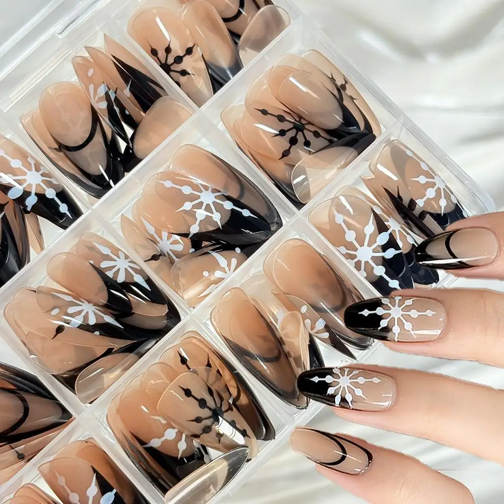 

144Pcs/Box Black French Tips Press On Nail White Snowflake Design Medium Almond Fake Nails Full Cover Wearable False Fingertips