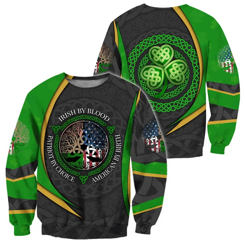 HX Irish Saint Patrick Day Sweatshirts Irish By Blood Life Tree Tattoo Pattern 3D Graphics Sportswear All Over Printed Tops