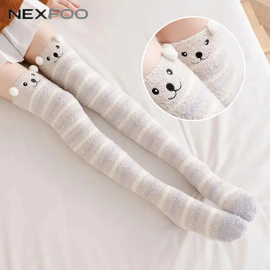 Cute Cartoon Coral Fleece Thigh High Sock for Women Winter Fluffy Non Slip Over Knee Leg Warmer Sleeping Floor Socks Indoor Wear