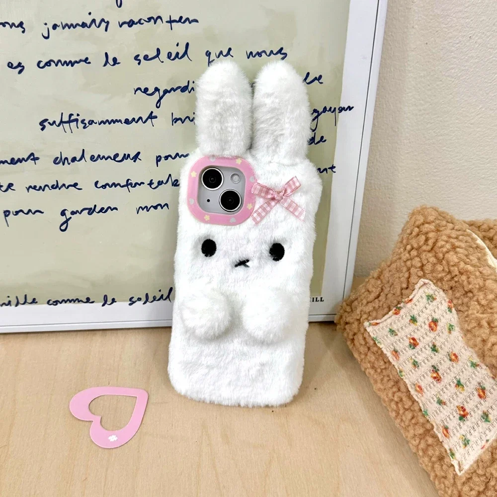 3D Kawaii Bow Bunny Cartoon Plush Stereo Phone Case for IPhone 16 15 14 13 12 11 Pro Max Drop-resistant Back Cover Girl Gift