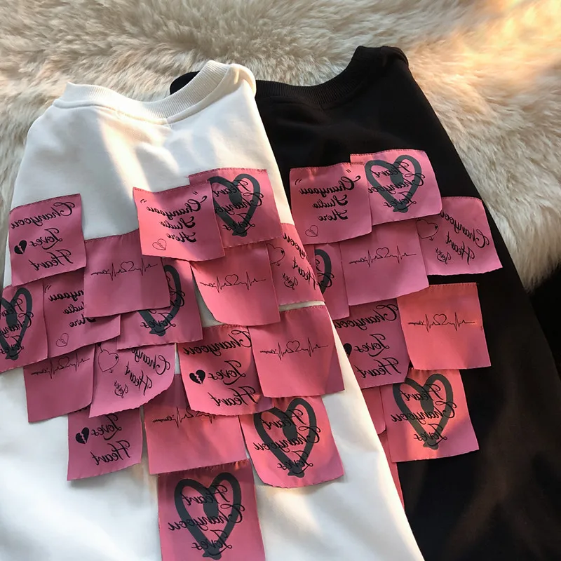 Long Sleeve Heart-shaped Sticky Sweatshirt T-shirt Sweatshirts 2023 Autumn Loose Boyfriend Pullovers Women White Oversized Tops