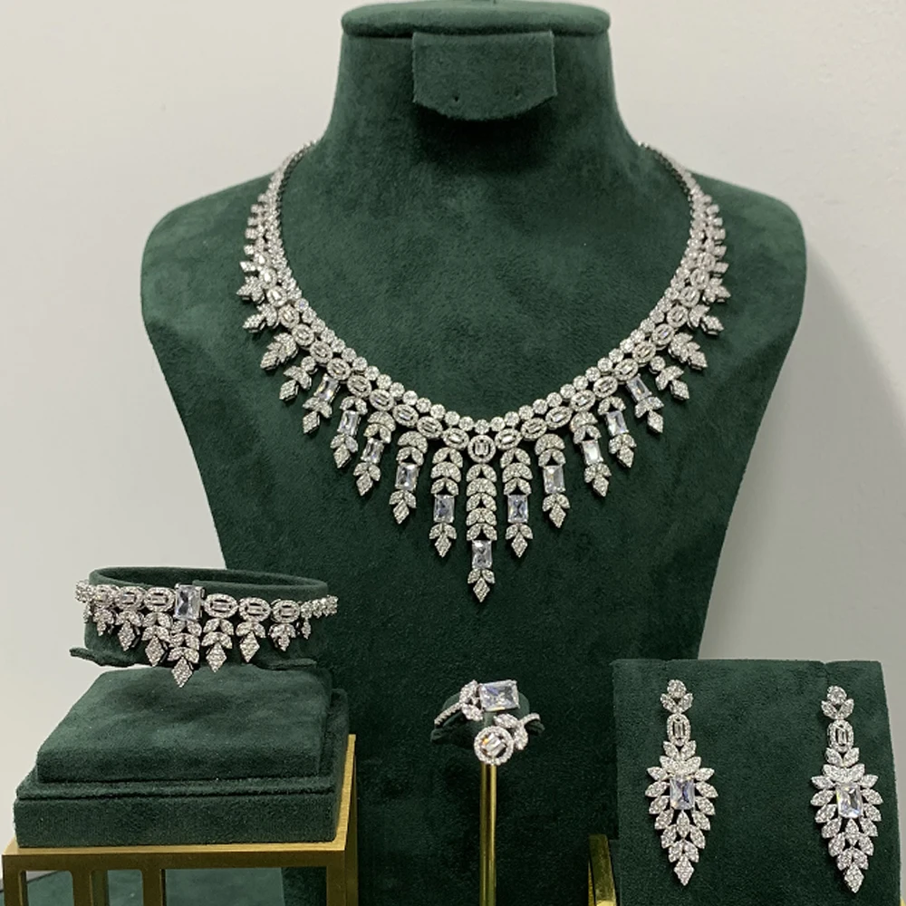 

012500 4PCS Luxury Bridal Necklace Set for Women Cubic Zirconia Wedding Jewelry Sets Decoration for Party Dress Suit Full Set