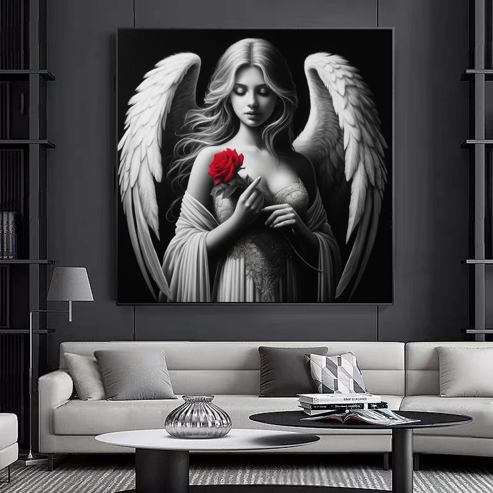 Black White Angel 5d Diy Diamond Painting Full Square Round Diamond Embroidery Cross Stitch Woman Rose Diamond Mosaic Wall Art