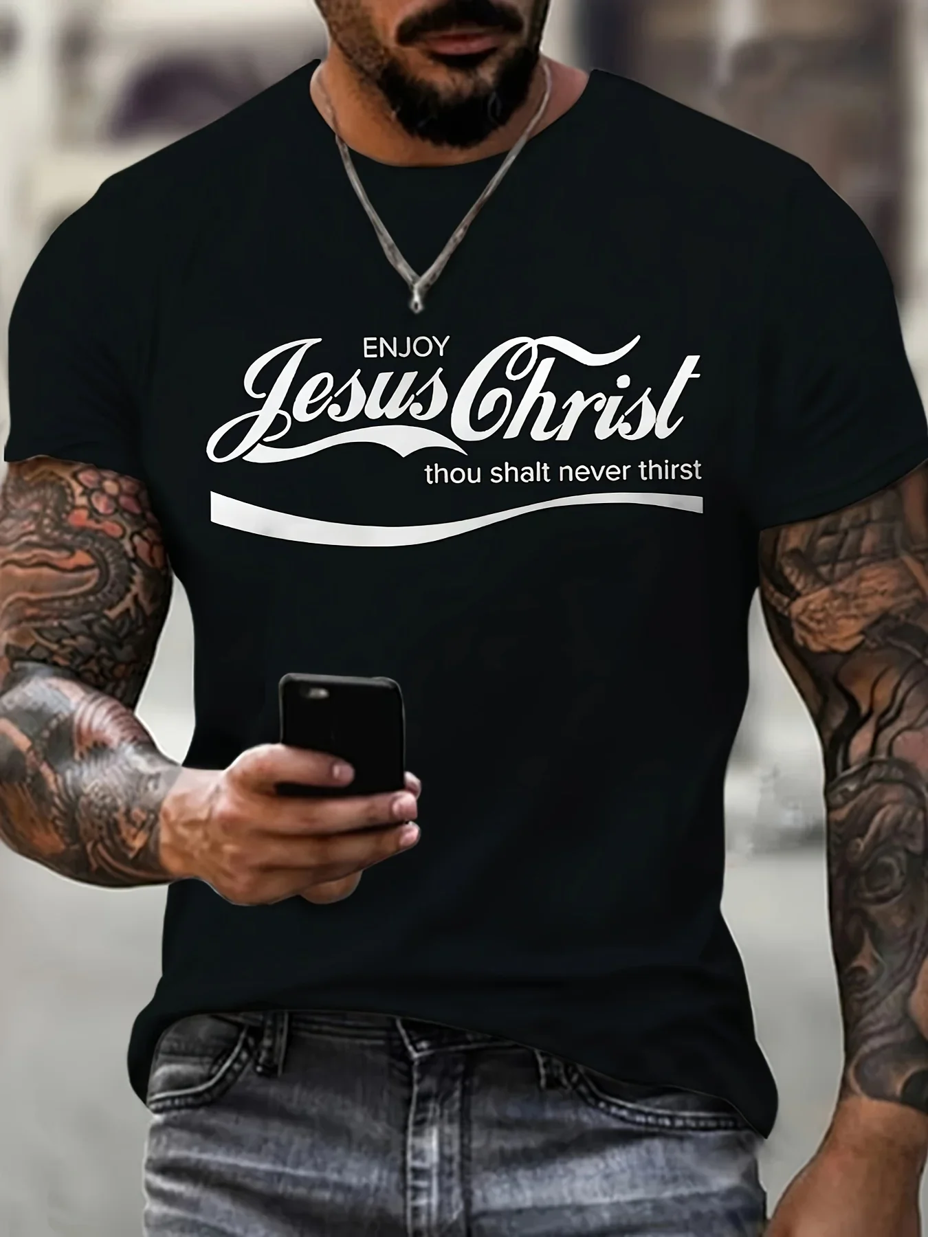 Fashion New Men's Enjoy Jesus Christ Print T Shirt Crew Neck Short Sleeve Religious Casual Streetwear Tee Tops