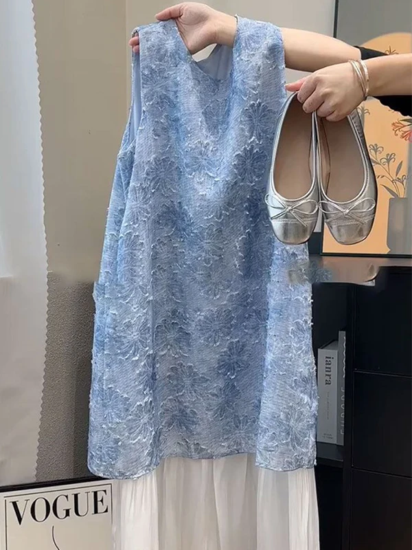 

plus Size 300 Pounds Summer Casual Embroidered Sleeveless Vest Dress Women's Fake Two-Piece Dress Ins Long Skirt Style