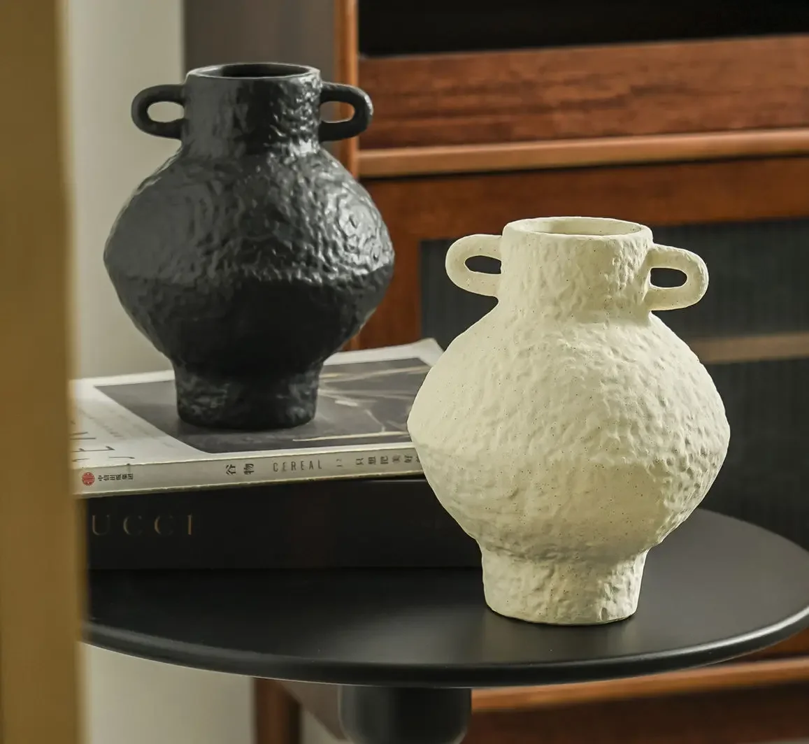 Mid-Century Modern Double Ear Ceramic Vase,Textured Wabi Sabi Flower Arrangement Vase,Minimalist Home Decor for LivingRoom&Table