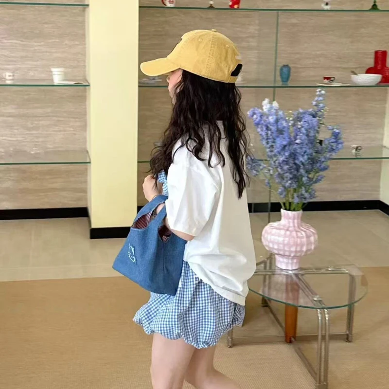 2pcs Cute Girls Summer Clothing Cotton T-shirt & Plaid Skirt Shorts Set School Kid Girl Cartoon Dog Tees Checked Culottes Outfit