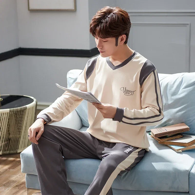 

2025 Autumn Long Sleeve V-neck 100% Cotton Pajama Sets for Men Korean Loose Sleepwear Pyjama Male Lounge Homewear Home Clothes