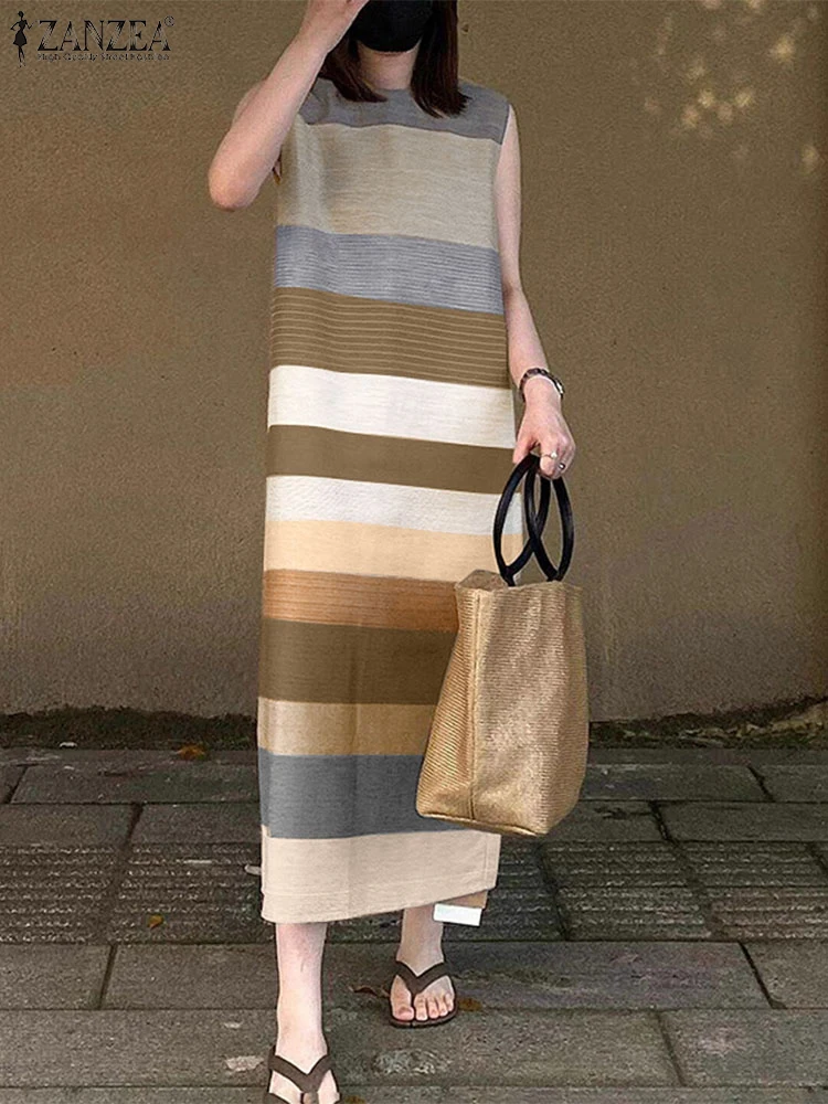 ZANZEA Casual Women's Sleeveless Long Dress 2025 Summer Fashion Color-Blocked Stripes O Neck Tank Vestidos Vacation Maxi Robes