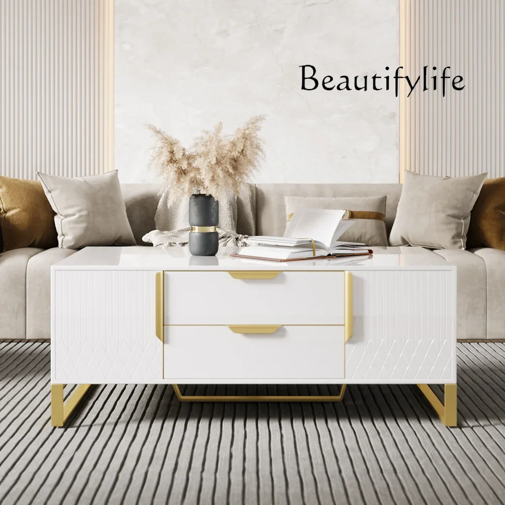 

SS Modern White Rectangular Coffee Tables With Storage Of Drawers & Doors For Living Room Wooden Carver Coffee Table