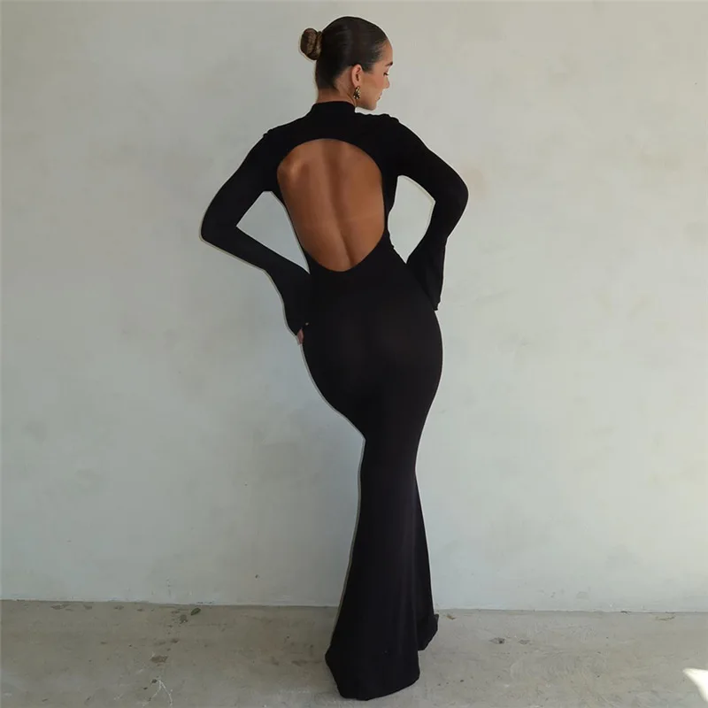 

Black Sexy Backless Maxi Dresses Hollow Out Slim Long Sleeve Turtleneck Slit Party Dress Ladies 2025 Autumn Elegant Vestido New