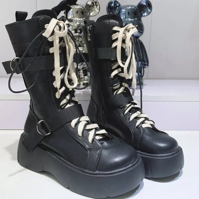 Botas Punk de suela gruesa con hebilla de Metal para mujer, zapatos hasta la rodilla góticos, con cuña, para Cosplay, 2024