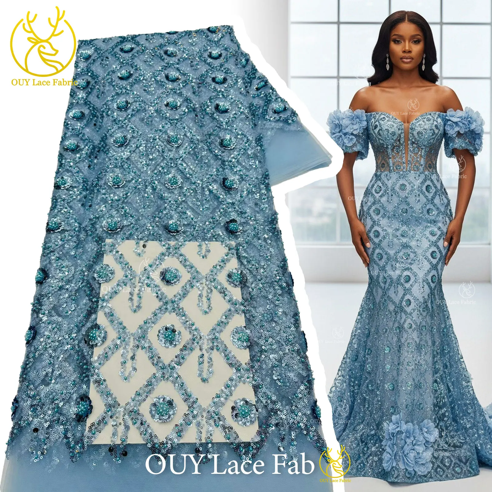 

Gorgeous Diamond Shape African Nigerian Sequins Beaded Lace Fabric 2026 High Quality French Tulle For Evening Party Dress Sewing
