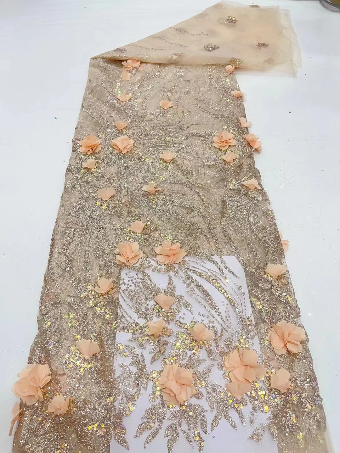 2024 Latest African 3D Flower Lace Fabric Dubai Sequins Tulle Lace Fabric Embroidered Applique Nigerian Fabric For Sewing