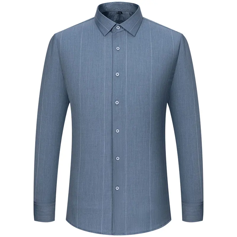 Camicia elasticizzata a righe da uomo in fibra di bambù manica lunga antirughe Non stirante camicie da ufficio Casual moda morbida formale