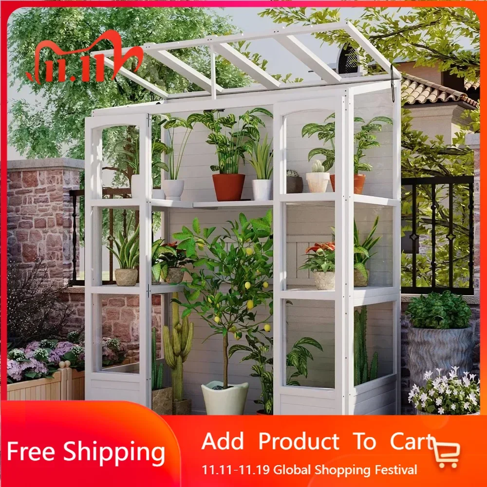 78-inch Wooden Greenhouse Cold Frame with 4 Independent Skylights and 2 Folding Middle Shelves, Walk-in Greenhouse