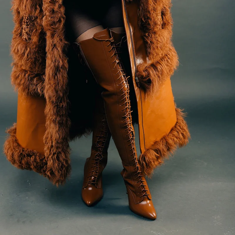 

Lace Up Hollow Out Leather Over The Knee Boots Sexy Pointed Toe Slingback Customized New Arrivals Fashion Women Modern Boots