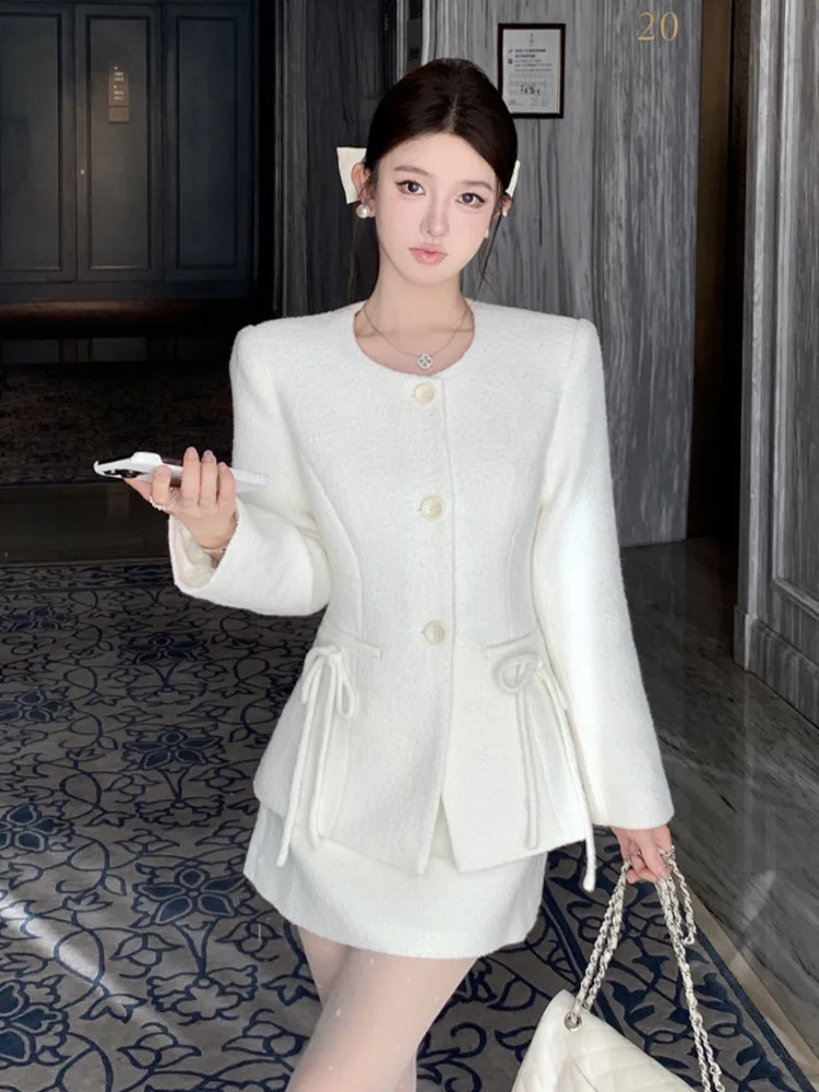 High Quality Elegant Fashion OL 2 Piece Set Women Woolen Jacket Coat & Bodycon Mini Skirt Set Ladies Sweet Two Piece Outfits