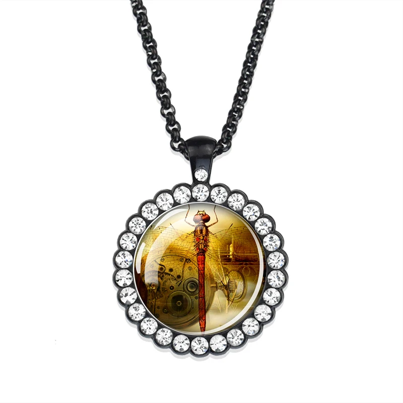 1 قطعة ساعة الحشرات الطائرة تحت عنوان حجر الراين الأسود قلادة قلادة الزجاج كابوشون الأزياء الميكانيكية قلادة قلادة معدنية هدية