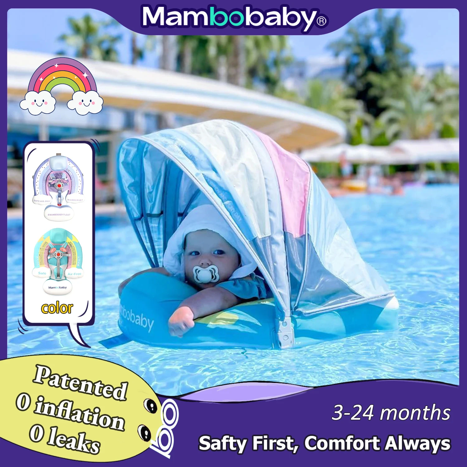 Flotador de piscina para bebé mejorado, flotador de natación Mambobaby, flotadores no inflables para bebé con dosel para flotador de 3 a 24 meses para anillo de natación infantil