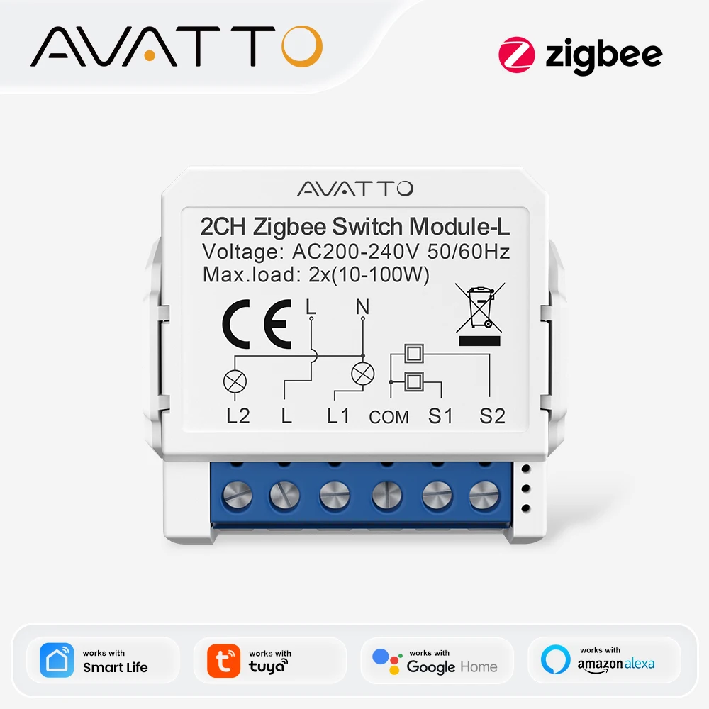 AVATTO 1/2/3 Gang Tuya Zigbee Light Switch Module No Neutral Wire, 2 Way Control DIY Smart Breaker Works with Alexa Google Home