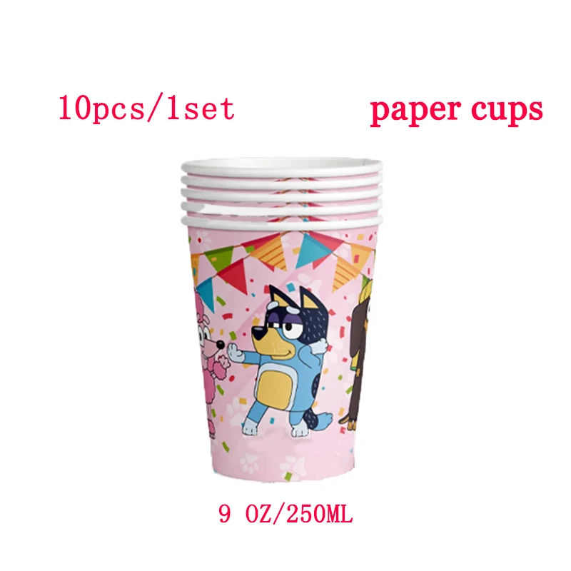 Pink Cartoon Animation Bluey Theme Birthday Party Supplies Disposable Tableware Paper Plate Paper Cup Tissues Baby Shower Decor