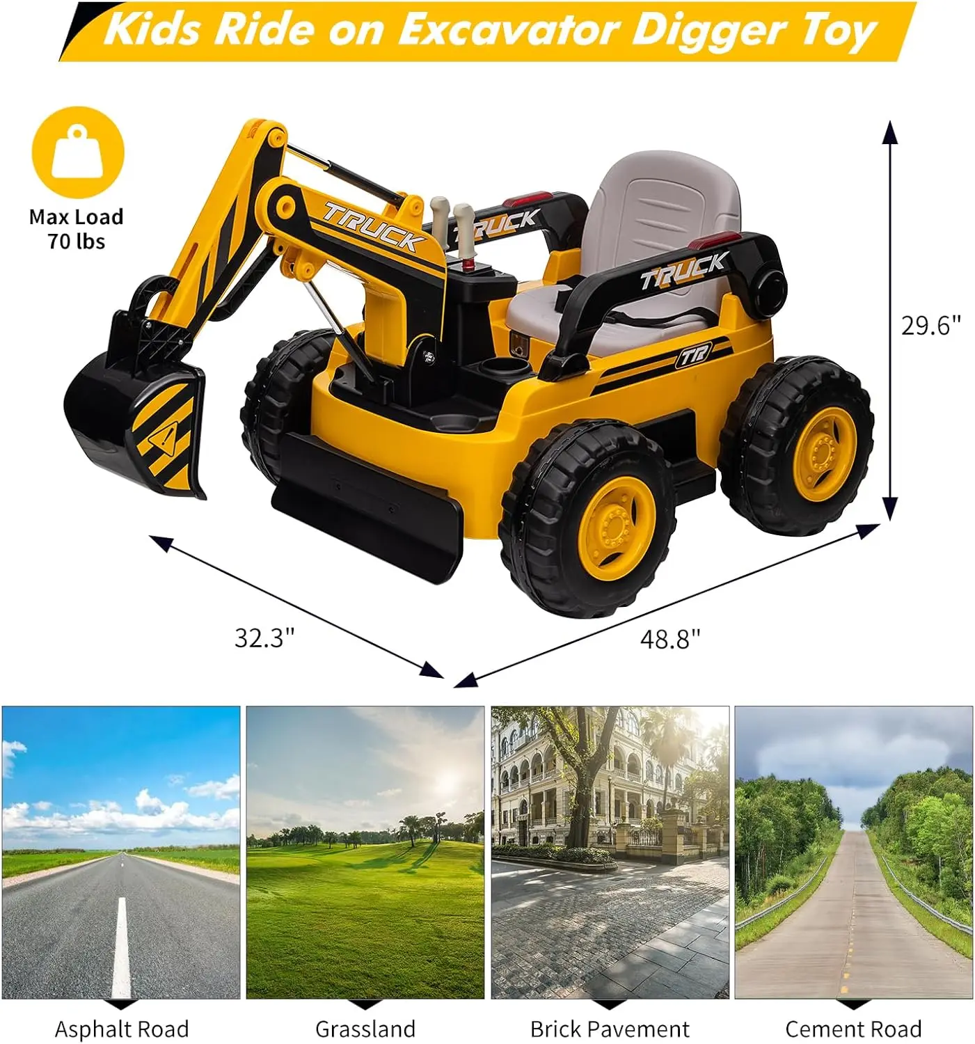 360 °   Brinquedo de equitação de rotação para crianças, escavadeira elétrica, carro com controle remoto, braço de escavação, motores 4x75w, luz traseira led