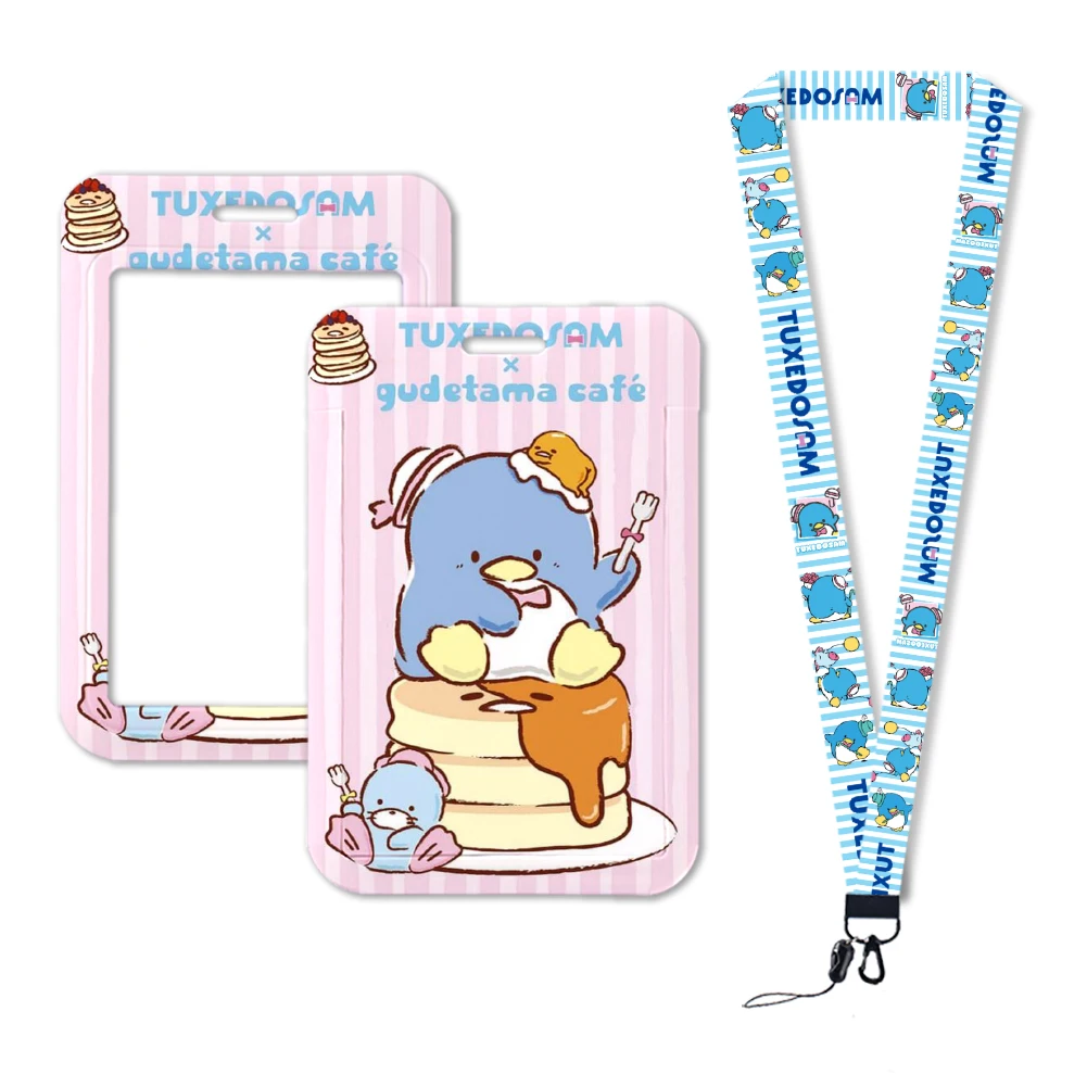 سانريو سام البطريق سهرة سام الرقبة حزام البوليستر القرطاسية حامل بطاقات التعريف الشخصية سلسلة مفاتيح قصيرة ID شارة حامل شنق حبل كيرينغ