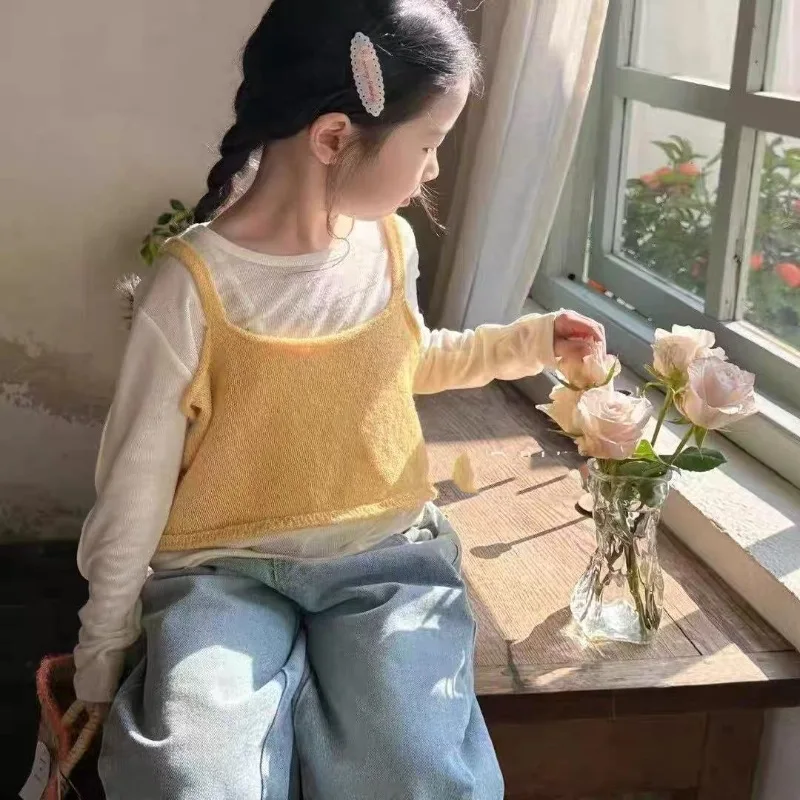 

Girls Korean Suspender Sweater 2025 Spring New Children Sleeveless Sweater Tank Top T-shirt Children Long Pants