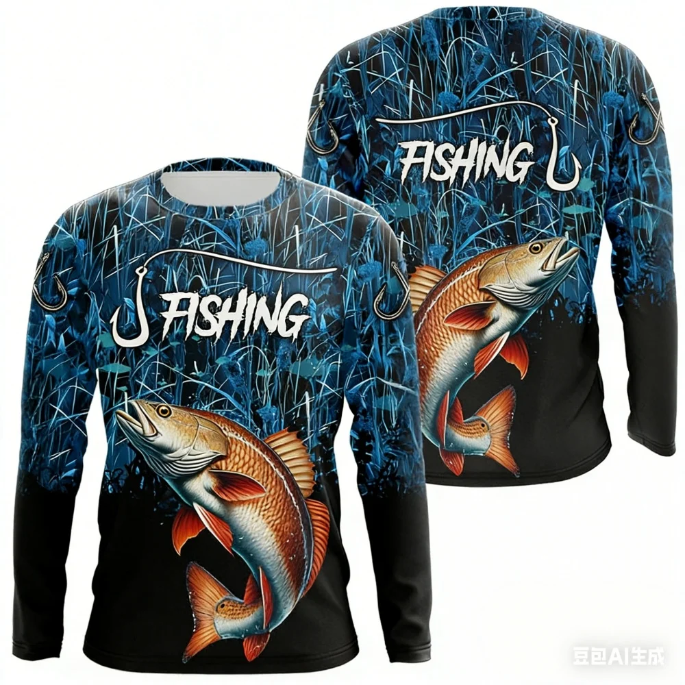 メンズ-3d-プリント釣り用長袖ルーズ通気性シャツサーモンバス柄通気性アウトドア釣り男性アウトドアファッション