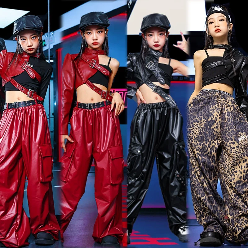 

Mädchen Hip Hop Clothing T Shirt Crop Top Wine Red Arm Sleeve Faux Leather Casual Cargo Pants for Jazz Dance Performance Costume