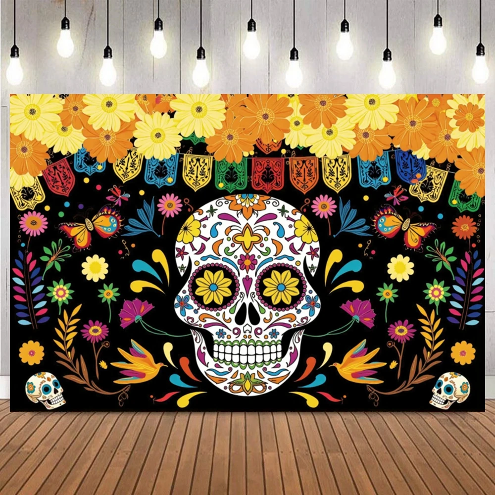 Mexican Festival Theme Backdrop Feliz Cumpleanos Fiesta Skull Guitar Party Birthday Decor Photo Background Prop