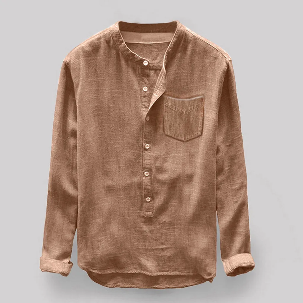 Camicia da uomo Cool e sottile camicie estive traspiranti colletto alla coreana camicia a maniche lunghe in lino di cotone Hawaii Beachwear