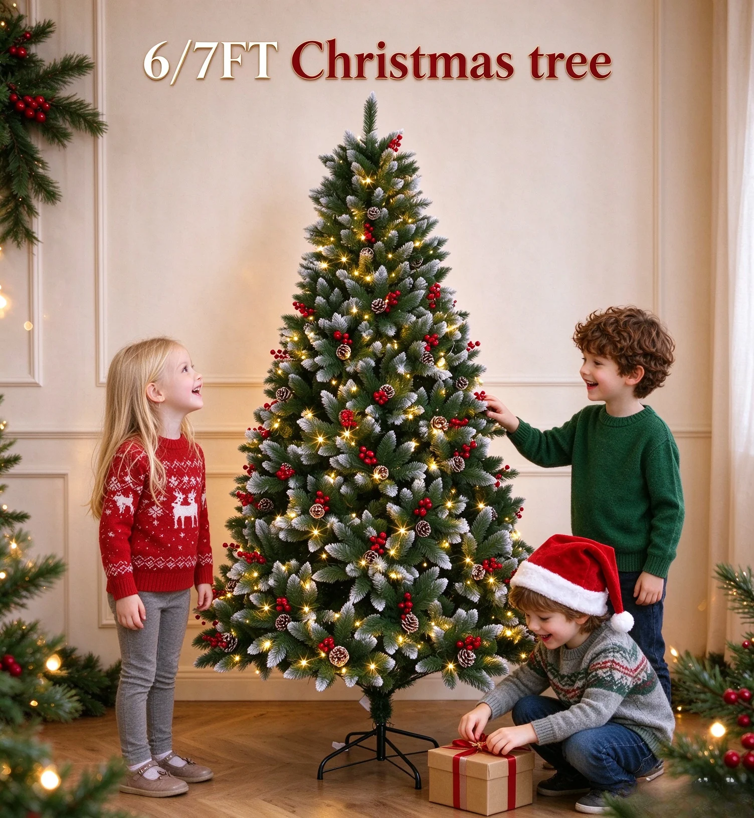 Garvee 6/7FT Pre-Lit Flocked Flocked PVC Christmas Tree with Lights Artificial Pine Xmas Tree for Indoor Home Office Shop Holiday Window Display Decoration
