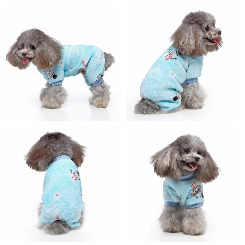 

Christmas Snowman Print Dog Hoodie Soft Fleece Jumpsuit For Pets Cartoon Printed Puppy Clothes Winter Teddy Four-Legged Suit