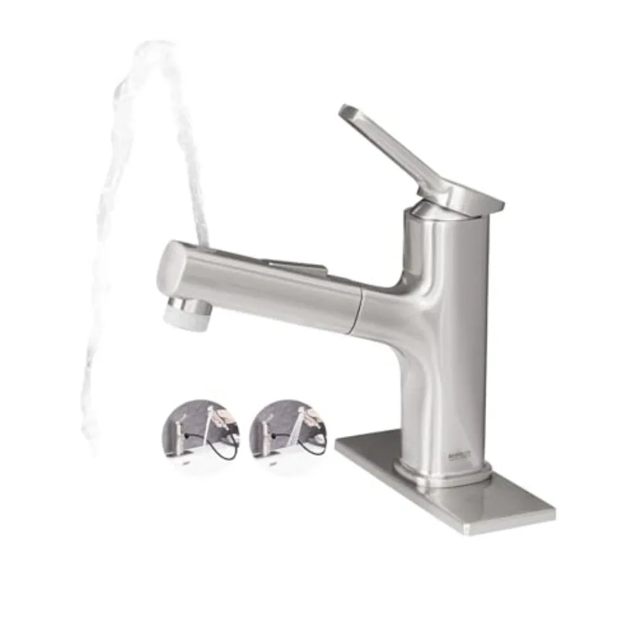 

Pull Out Bathroom Faucet Single Handle with Pop-up Drain Deck Plate Brushed Nickel 1 or 4-inch Centerset 3 Hole for Sink Kitche