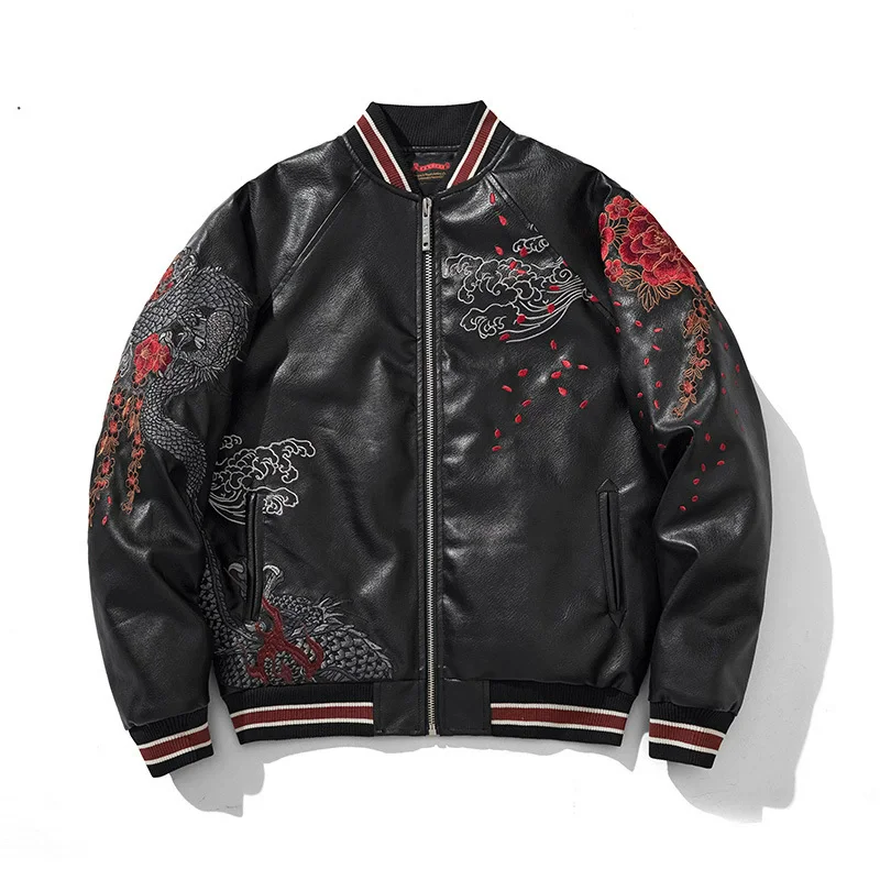 Mens Heavyweight Leather Jacket with Down Filling Chinese Dragon Embroidery Baseball Jacket Unisex Winter Thickened Varsity Coat