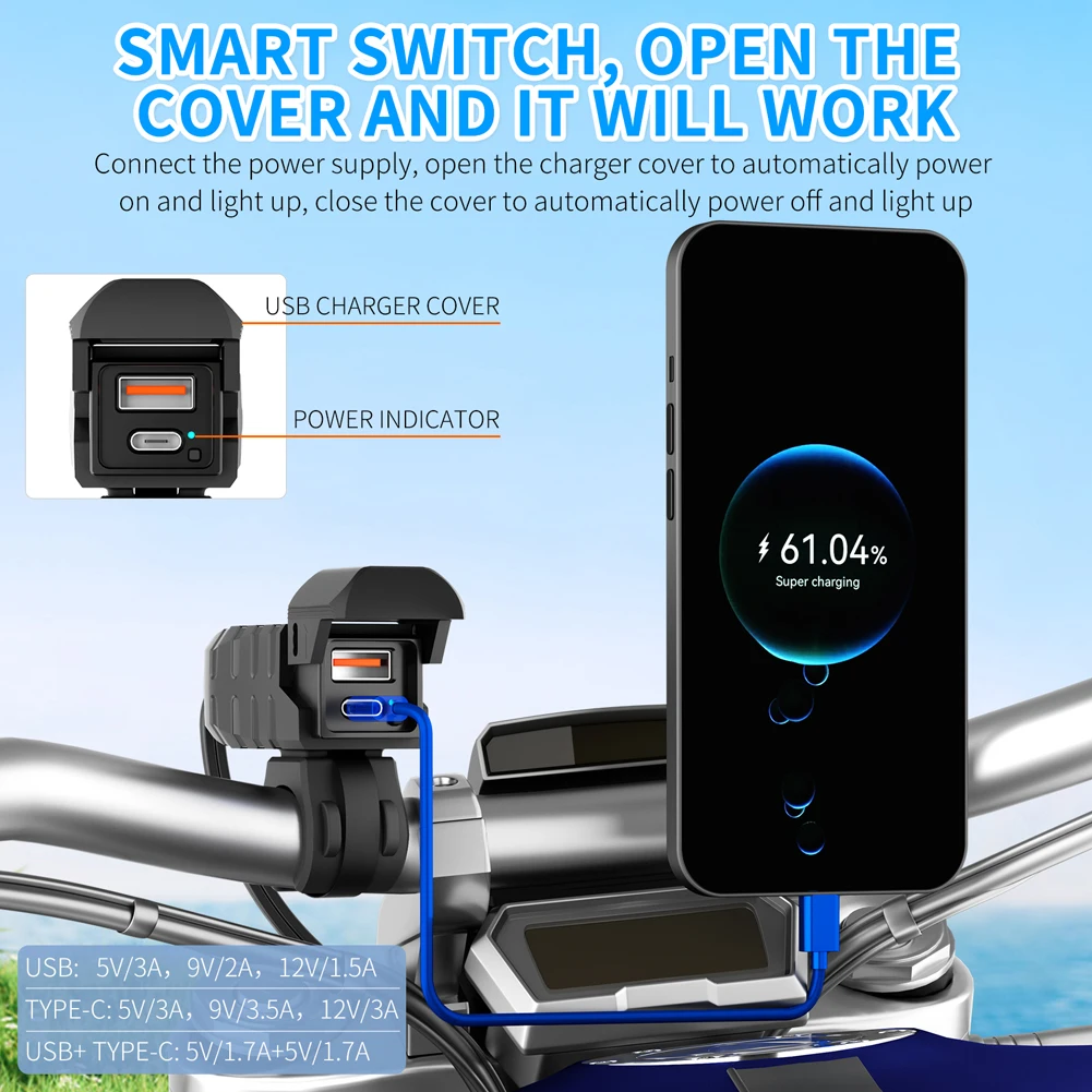 PD QC3.0 แฮนด์รถจักรยานยนต์ Quick Fast Charger Adapter 12V ที่ชาร์จโทรศัพท์รถจักรยานยนต์กันน้ํา USB Type C Charger Adapter