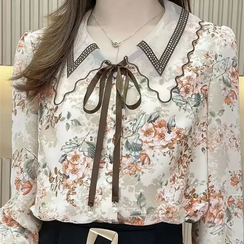 

Spring Summer Pullover Loose Bottomed Shirt Vintage Printing Polo-Neck Bandage Three Quarter Sleeve Open Stitch Blouse SQ37
