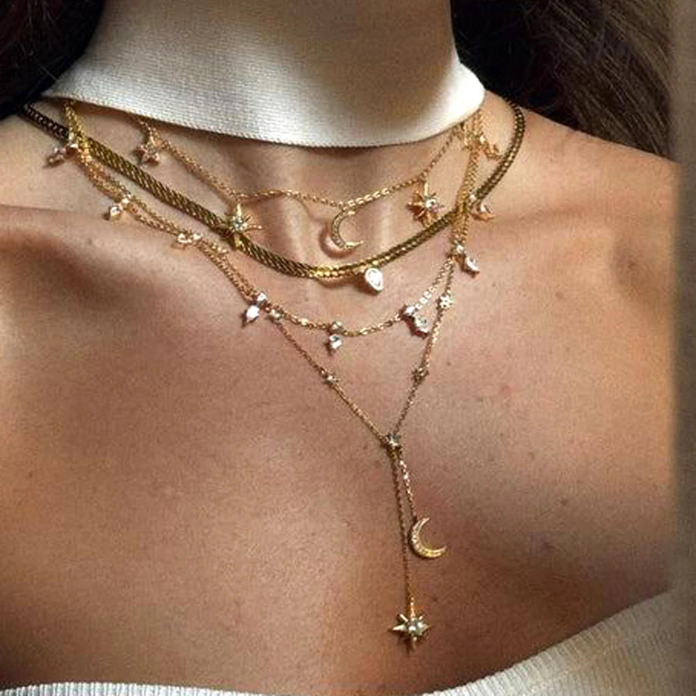 Micro Pave Moon Star Cz Station Chain Elegant Fashion Midnight Drop Charm Necklace Fashion Modern Chic Bling Cz Choker Jewelry