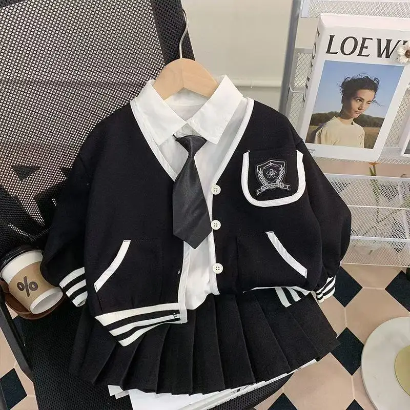 

New fationKorean Girls Knitted Clothing Set Spring Autumn Children's Student Cardigan Sweater Skirt Shirt 3pcs Clothing Outfit