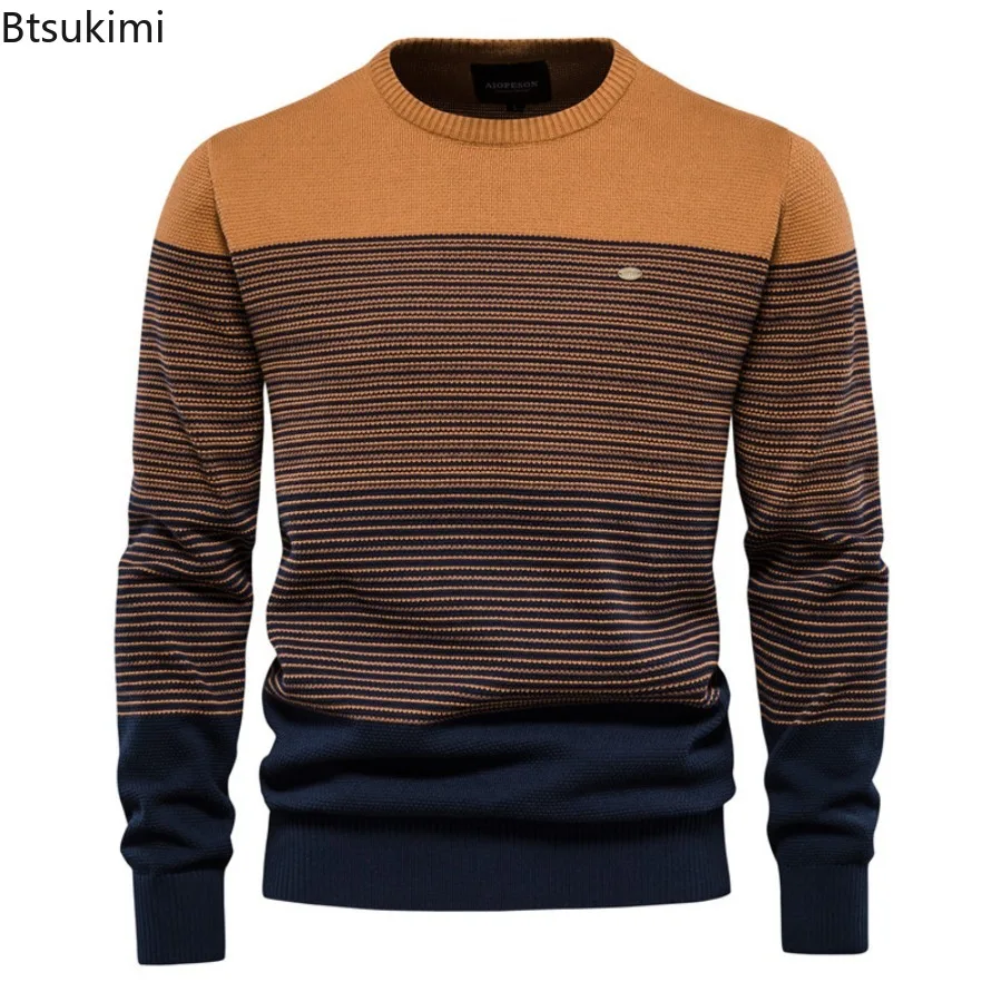 High Quality Cotton Sweaters Men's Autumn Winter Fashion Casual O-Neck Pullovers Striped Splice Vintage Knitted Sweaters for Men