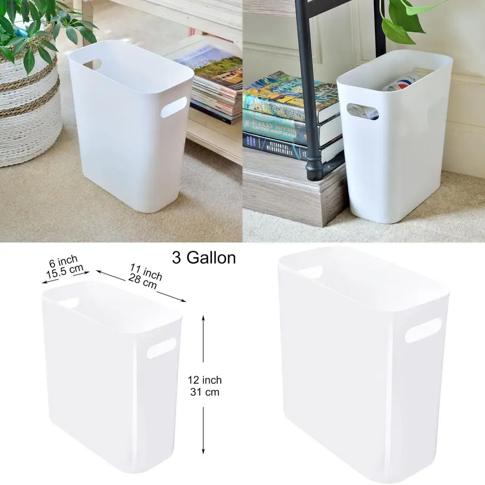 

3 Gallon White Slim Waste Bin with Handles for Home, Office, and Bathroom Use