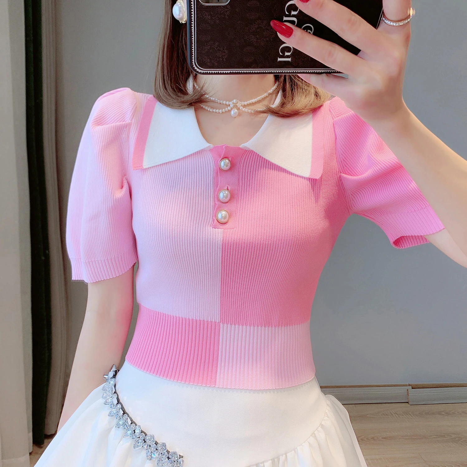 

Candy Pink Cropped Tops with Lapel Bubble Sleeve 2022 Summer Tshirt Women High Waist Short Sleeve Sweater Tops Kawaii Clothes