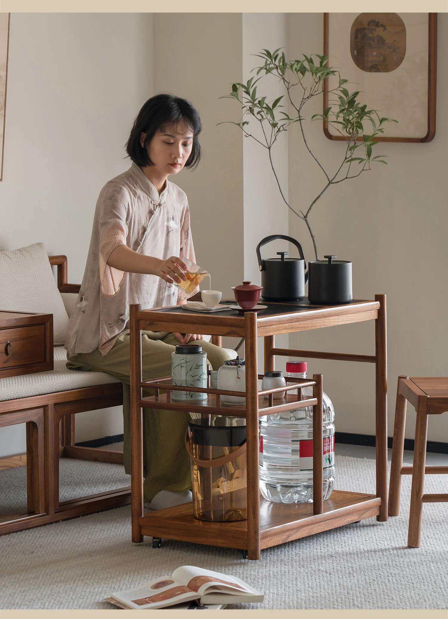 Small Tea Table Movable Side Table Small Coffee Table Solid Wood Side Cabinet Trolley Tea Cabinet with Wheels