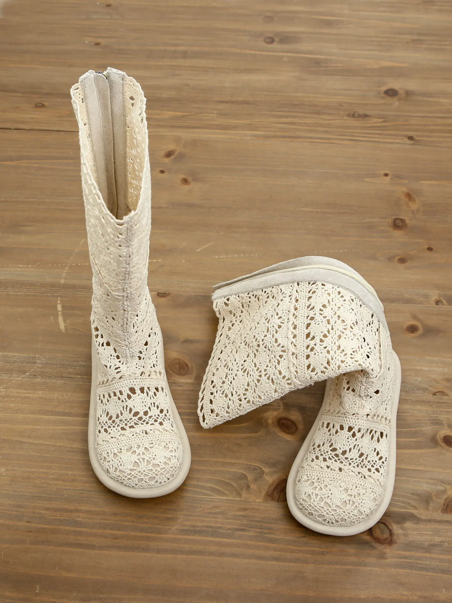 Women's Summer High-Tube Breathable Flat Bottom Sandals with Zipper Mesh Long Boots for Skirts Hollow out Fashionable Footwear